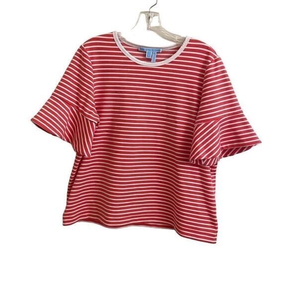 Draper James Sailor Stripe Flutter Sleeve Tee Coral White Large - Picture 1 of 6